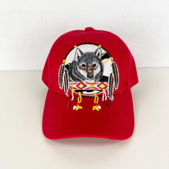 Native Pride Men's Red Cap One Size Embroidered Wolf Dreamcatcher NWT - Picture 1 of 7